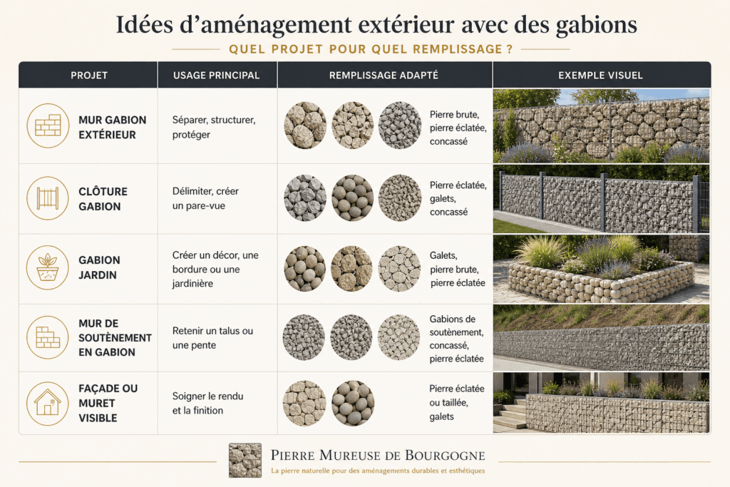 Idées d’aménagement extérieur avec gabions en pierre naturelle pour mur, clôture, jardin, soutènement et façade