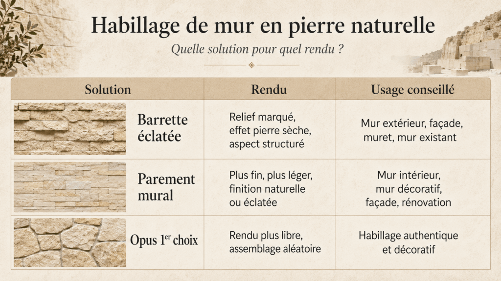 Tableau comparatif des solutions d’habillage de mur en pierre naturelle avec barrette éclatée, parement mural et opus 1er choix selon le rendu et l’usage conseillé.