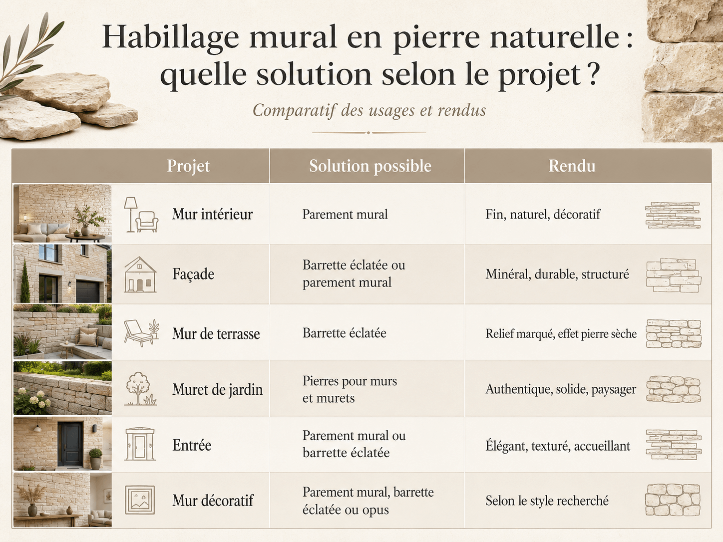 Comparatif des solutions d’habillage mural en pierre naturelle pour mur intérieur, façade, mur de terrasse, muret de jardin, entrée et mur décoratif