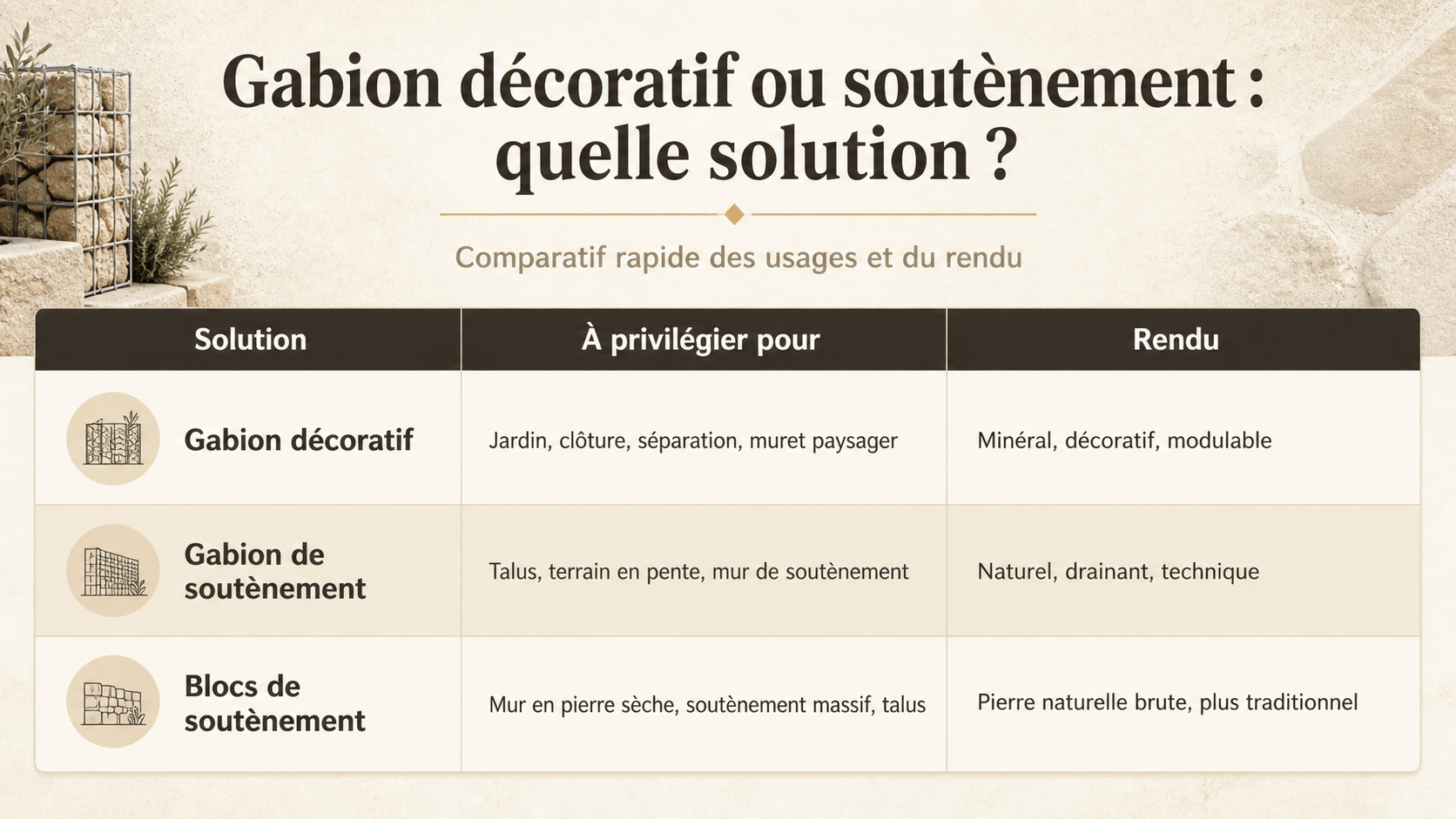 Tableau comparatif entre gabion décoratif, gabion de soutènement et blocs de soutènement selon les usages et le rendu