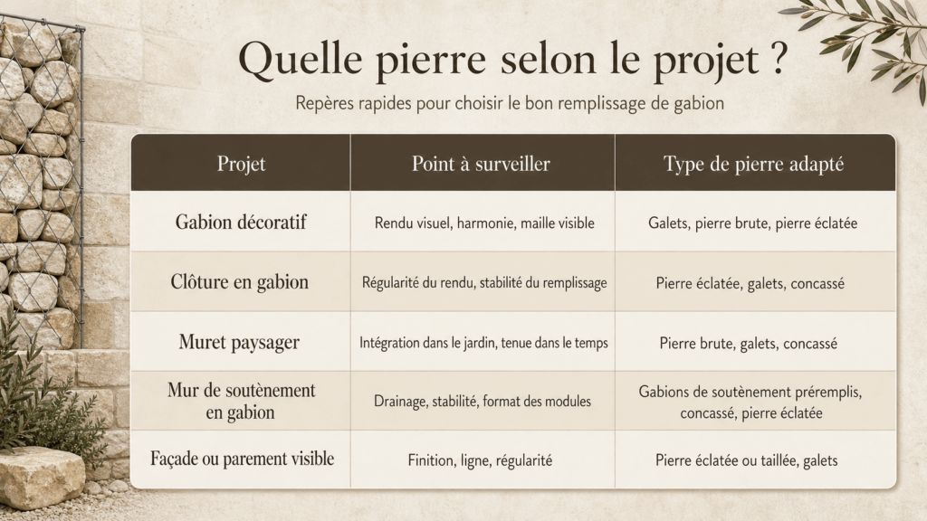 Tableau pour choisir la pierre adaptée à un gabion décoratif, une clôture, un muret paysager, un soutènement ou une façade
