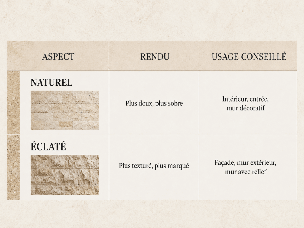 Comparatif entre parement mural naturel et parement mural éclaté en pierre naturelle pour choisir une finition adaptée à un mur intérieur, une entrée, une façade ou un mur extérieur